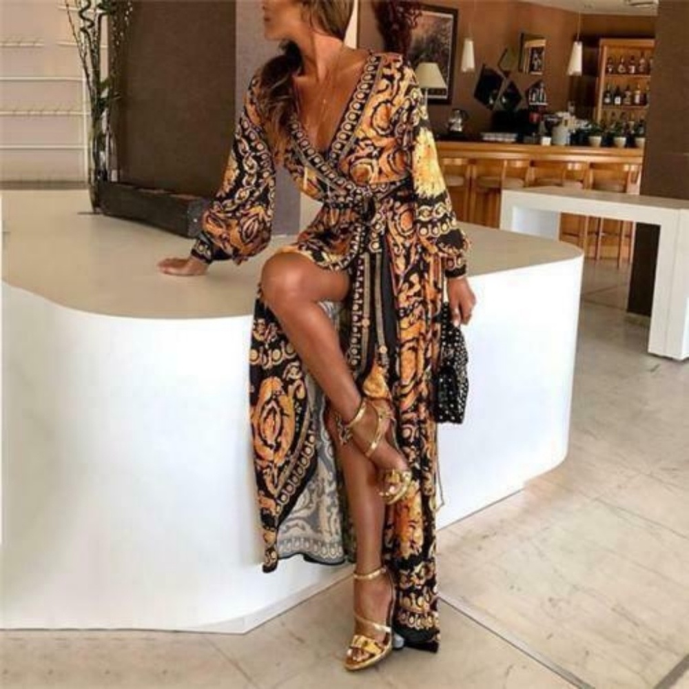 Long Sleeve Black and Gold Print Dress